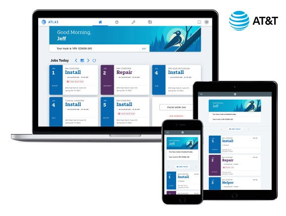 AT&T field service experience shown across laptop, tablet, and phone